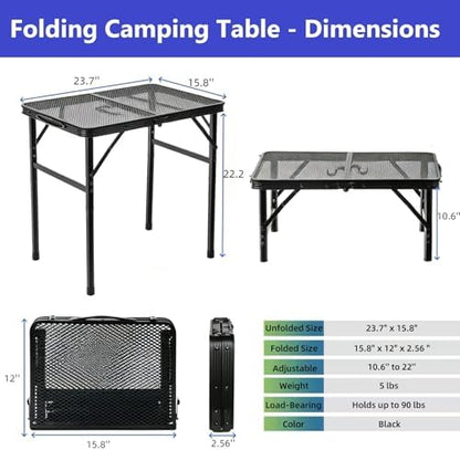 Gawerk Folding Portable Camping Grill Table, Lightweight Adjustable Height Metal Aluminum Picnic Table with Heat-Resistant Mesh Top for Outdoor, Barbeque, Camping & Travel, 24" x 16", Black