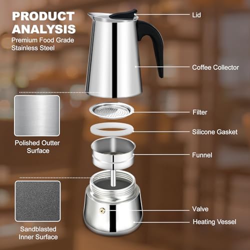 2 Cup Stovetop Espresso Maker Stainless Steel Moka Pot Stove Top Percolator Italian Coffee Makers Capable Mocha Greca Machine Cafe Classic Induction Cookers for Home and Camping 100ml 3.3oz