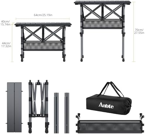 Anbte 2ft Small Roll Up Camping Table, Aluminum Portable, 25” X 16”, Black