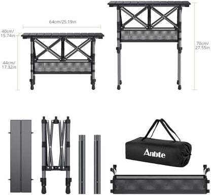 Anbte 2ft Small Roll Up Camping Table, Aluminum Portable, 25” X 16”, Black