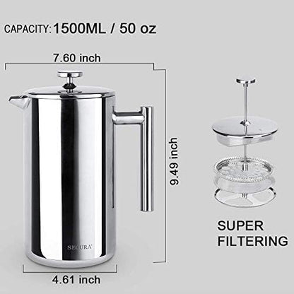 Secura French Press Coffee Maker, 304 Grade Stainless Steel Insulated Coffee Press with 2 Extra Screens, 50oz (1.5 Litre), Silver (Pack of 2)