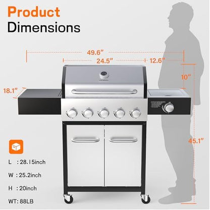 Veralune 68000 BTU 5-Burner Grill with Side Burner & Steel Grates