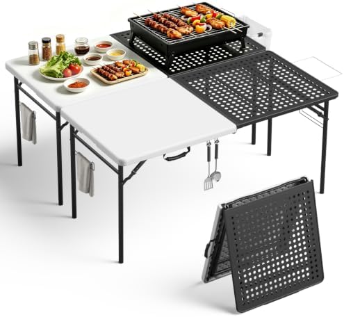 Folding Table 2 Pack, 5ft Folding Grill Table, Portable Camping Prep Table for Cooking&BBQ, 2-in-1 Metal&Solid Surface Foldable Grill Station for Camping, Backyard, Patio Cooking Use(Black and White)
