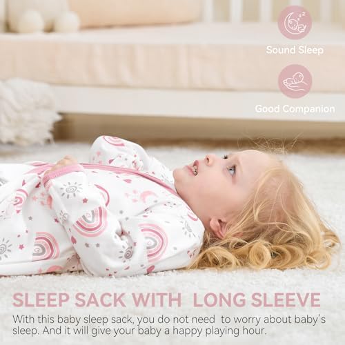 Baby Sleep Sack 18-24 Months, Long Sleeve Baby Wearable Blanket 0.5 Tog with Mittens, 2-Way Zipper Toddler Cotton Sleeping Sack for Boy and Girl Pink Rainbow 2 Pack(XLarge)