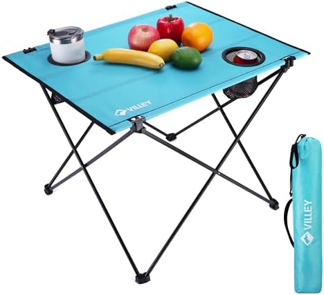 VILLEY Folding Camping Table, Portable Table with 2 Cup Holders, Large