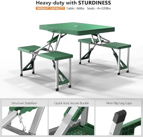 VINGLI 4 Ft Portable Folding Picnic Table Camping Table Foldable Set with 4 Seats with Umbrella Hole Suitcase Card Table-220 Lbs Support Aluminum Frame, Plastic RV Tabletop for Yard, Travel