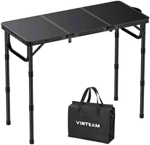 VINTEAM Tri-Folding Camping Table with 3 Adjustable Heights, Lightweight Portable Outdoor Picnic BBQ Table, Black Aluminum Folding Grill Table for Camping, RV, Beach, Fishing & Backyard