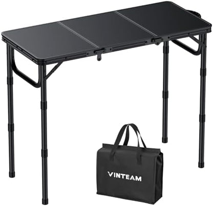 VINTEAM Tri-Folding Camping Table with 3 Adjustable Heights, Lightweight Portable Outdoor Picnic BBQ Table, Black Aluminum Folding Grill Table for Camping, RV, Beach, Fishing & Backyard