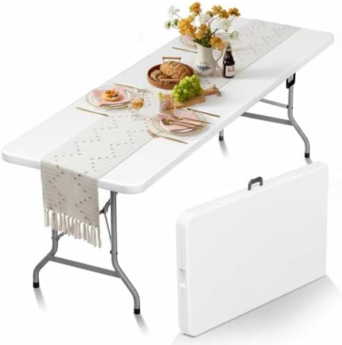 Folding Table Picnic Table, 8 ft Camping Table with Handle and Safety Locks