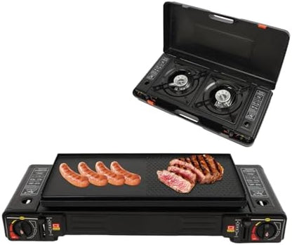 2 Burners Burner Butane Stove, Portable Camping Stove Kit with Baking Tray & Portable Case, Outdoor Travel Camp Stove for Camping, BBQ, Home
