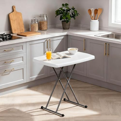 SUPER DEAL 2.5 Foot Plastic Folding Table, Indoor Outdoor Portable Heavy Duty Adjustable Height Kitchen or Camping Barbecues Picnic Party Tray Table, White