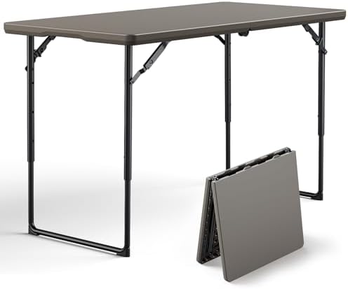 Folding Table, 4FT Foldable Picnic Table with Adjustable Height, Heavy Duty Fold-in-Half Portable Table for Weddings, Camping, RV Travel, Parties, BBQs, and Indoor Use, Easy to Fold and Store, Khaki