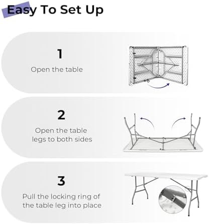 6ft Folding Table, Portable Heavy Duty Plastic Table for Party, White