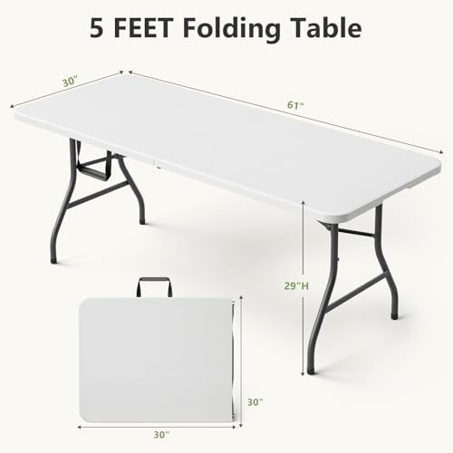Folding Table, 5 FT Foldable Plastic Table with Carrying Handle, Heavy Duty Portable Fold-in-Half Utility Table for Party, Camping, Banquet, Craft, Wedding, Indoor & Outdoor Use