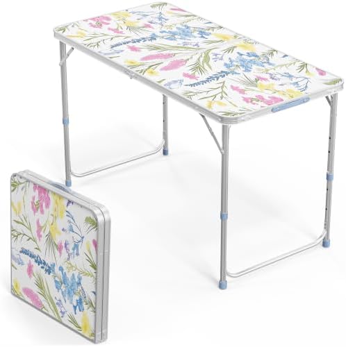 VINGLI 4FT White Folding Table with Carrying Handle Height Adjustable Lightweight Fold Up Portable for Indoor Outdoor Picnic,Camping,Hiking,Fishing,BBQ …