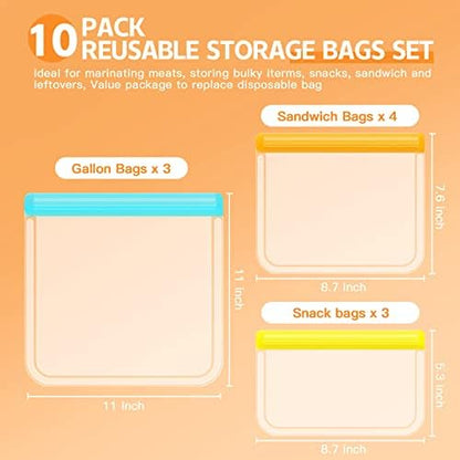 24 Pack Dishwasher Safe Reusable Silicone Bags - Leakproof Freezer Bags, BPA Free Food Storage for Lunch, Marinate, Travel - 8 Gallon, 8 Snack, 8 Sandwich Bags