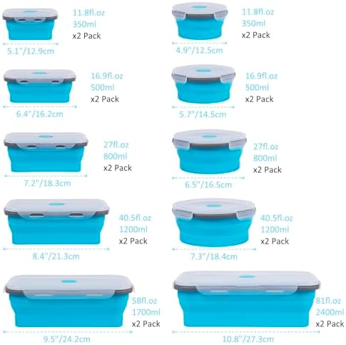 Collapsible Food Storage Containers with Lids 20 Pack(81oz/58oz Extra Large Included), 12 Rectangular+8 Round, Annaklin Silicone Collapsible Food Containers Sets Microwave Freezer Dishwasher Safe Blue