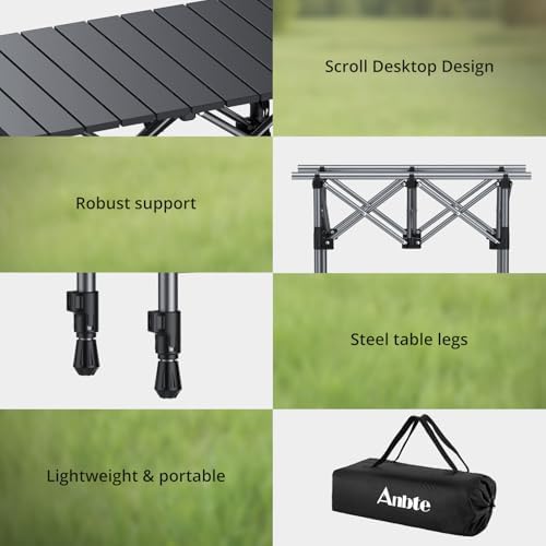 Anbte 2ft Small Roll Up Camping Table, Aluminum Portable, 25” X 16”, Black