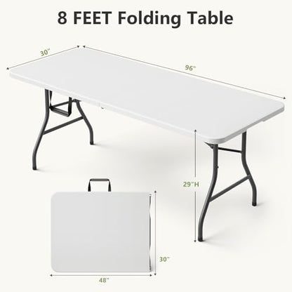 Folding Table, 8 FT Foldable Plastic Table with Carrying Handle, Heavy Duty Portable Fold-in-Half Utility Table for Party, Camping, Banquet, Craft, Wedding, Indoor & Outdoor Use