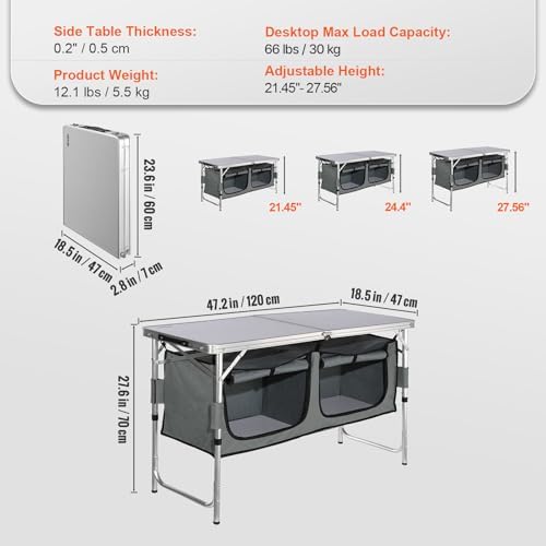 VEVOR Camping Kitchen Station, 3 Adjustable Height Folding Outdoor Camp Cooking Table with Storage Organizer, Quick Set-up for Patio BBQ Picnic Glamping Traveling