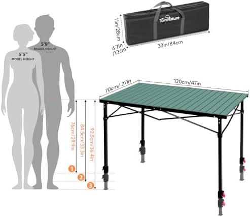 Portable Outdoor Adjustable Height Camping Table, Large for 2-6 Person