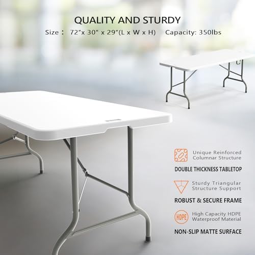 VINGLI 6 Foot Plastic Folding Table Portable Long Table for Indoor Outdoor Use Rectangular with Carrying Handle, Smooth HDPE Tabletop, White