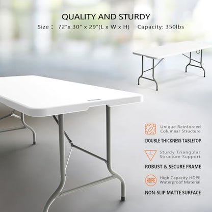 VINGLI 6 Foot Plastic Folding Table Portable Long Table for Indoor Outdoor Use Rectangular with Carrying Handle, Smooth HDPE Tabletop, White