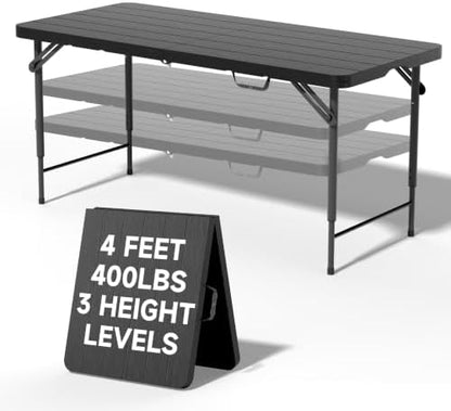 4FT Folding Table, 3 Adjustable Height & Heavy Duty, Double-Layer HDPE with Steel Legs, Foldable Table for Camping, Parties, Picnics, Black Wood Grain, 1 Pack