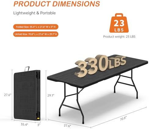VSOAEIL 6 Foot Folding Table, 6 FT Foldable Plastic Table Heavy Duty HDPE