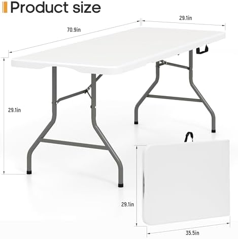 SKONYON 6ft Folding Table Heavy Duty 350 LBS Foldable Table with 18% Thicker HDPE Top Reinforced Steel Frame Portable Fold-in-Half Table Under 22 lbs for Outdoor Indoor Party Wedding Camping White