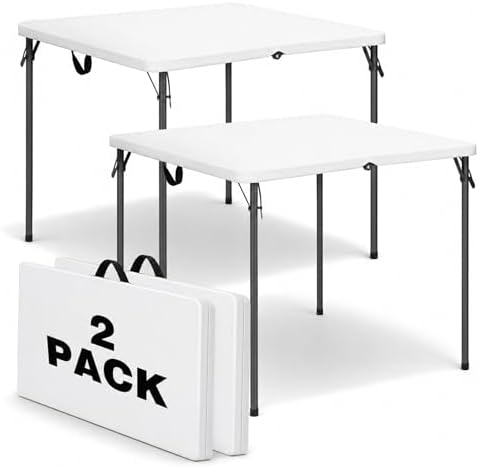34" Square Folding Table for 4 Person, 330lbs Weight Capacity Foldable Table with HDPE Tabletop & Heavy-Duty Steel Legs, Large Portable Picnic Table for Indoor Outdoor Parties, Camping, White, 2 Pack