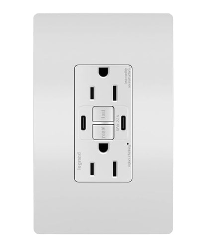 Legrand Radiant 1597TRUSBCCW 15 Amp GFCI Self Test Tamper Resistant Decorator Duplex Outlet with USB Type C, White with Screwless Wall Plate (1 Count)