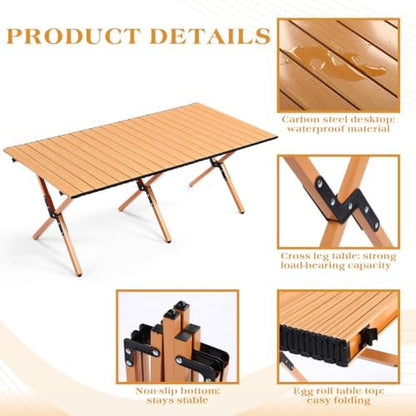 Suzile 2 Pack 4FT Folding Camping Table, Roll Up Portable Camp Table with Carry Bag, Low Collapsible Lightweight Aluminum Outdoor for Camping, Picnic, Beach, Patio, Kitchen (Yellow Wood Color)