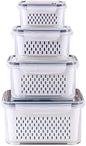 4 Pack Large Fridge Food Storage Container Set with Lids with Strainer, Fruit Vegetable Storage Containers Keep Fruits, Vegetables, Berry, Meat Fresh longer , BPA-Free Plastic Produce Keepers