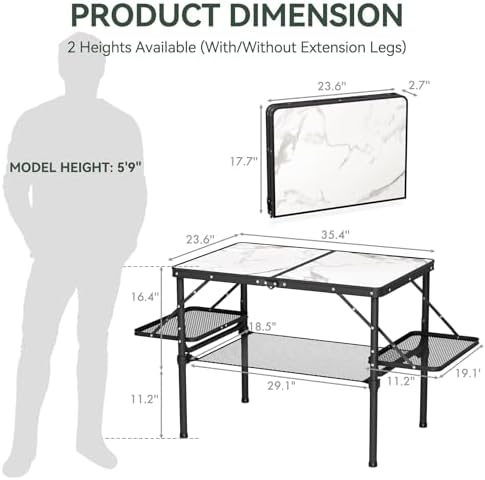 Titanker Folding Camping Table 3ft, Folding Picnic Table, Large Camp Table Portable with Extra Side Racks & Storage Net, Outdoor Patio Table, RV/Car Camping Essentials, Aluminum Light & Solid