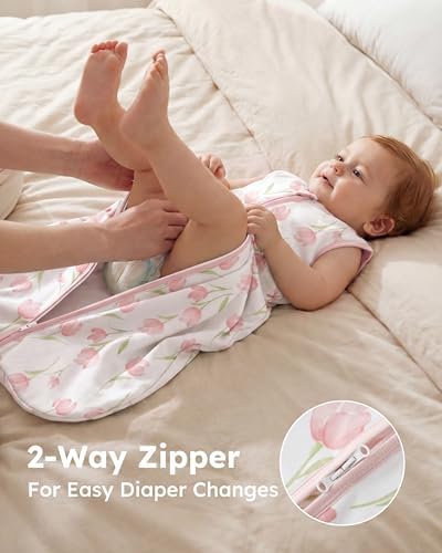 Baby Sleep Sack 6-12 Months 0.5 TOG, 100% Cotton Baby Wearable Blanket 2 Pack with 2-Way Zipper, Lightweight Sleep Bag for Boys ＆ Girls Newborn Infant Breathable Sleeing Sack Pink Tulip