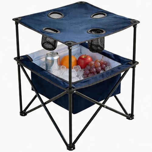 Portable Outdoor Folding Camping Table with 4 Cup Holders & Cooler Compartment, Waterproof Picnic Table for Picnic, BBQ, Beach, Hiking (Navy Blue)