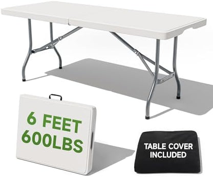 6 Foot Folding Table with Black Table Cloth - Heavy Duty 600LBS Capacity, Foldable Design with Safety Lock - Portable Folding Tables for Camping, Party, Indoor & Outdoor Use, 1 Pack