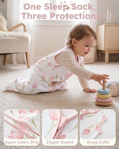 Baby Sleep Sack 6-12 Months 0.5 TOG, 100% Cotton Baby Wearable Blanket 2 Pack with 2-Way Zipper, Lightweight Sleep Bag for Boys ＆ Girls Newborn Infant Breathable Sleeing Sack Pink Tulip
