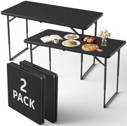 Folding Table 2 Pack, 4FT Folding Table with Adjustable Height, Black