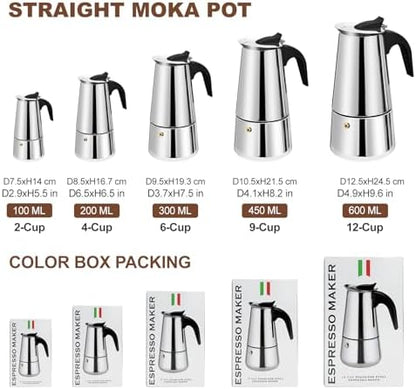 2 Cup Stovetop Espresso Maker Stainless Steel Moka Pot Stove Top Percolator Italian Coffee Makers Capable Mocha Greca Machine Cafe Classic Induction Cookers for Home and Camping 100ml 3.3oz