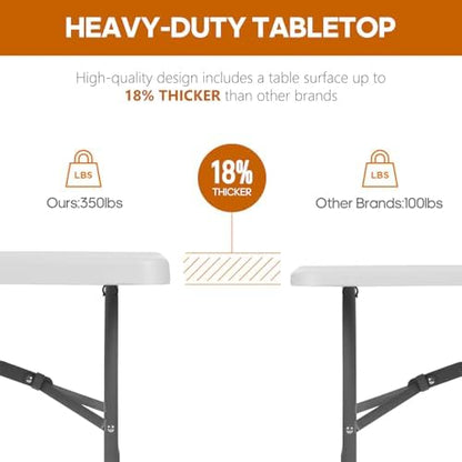 SKONYON 6ft Folding Table Heavy Duty 350 LBS Foldable Table with 18% Thicker HDPE Top Reinforced Steel Frame Portable Fold-in-Half Table Under 22 lbs for Outdoor Indoor Party Wedding Camping White