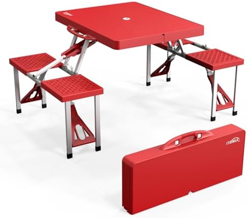 VINGLI 4 Ft Portable Folding Picnic Table Camping Table Foldable Set with 4 Seats with Umbrella Hole Suitcase Card Table-220 Lbs Support Aluminum Frame, Plastic RV Tabletop for Yard, Travel