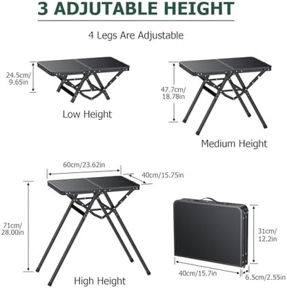 JiGiU Folding Table with Metal Mesh Desktop, Grill Table Camping Table with Carry Handle Adjustable Height (9.7", 28", 18.8"), 180lbs Weight Capacity Outdoor Table for Camp, Cooking, BBQ, RV, Picnic