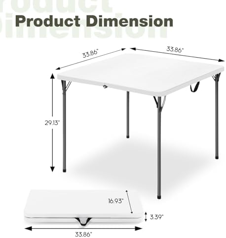 34" Square Folding Table for 4 Person, 330lbs Weight Capacity Foldable Table with HDPE Tabletop & Heavy-Duty Steel Legs, Large Portable Picnic Table for Indoor Outdoor Parties, Camping, White, 2 Pack