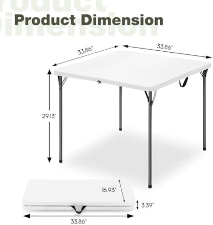 34" Square Folding Table for 4 Person, 330lbs Weight Capacity Foldable Table with HDPE Tabletop & Heavy-Duty Steel Legs, Large Portable Picnic Table for Indoor Outdoor Parties, Camping, White, 2 Pack
