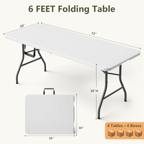 6FT Folding Table 4 Pack, Heavy Duty Fold in Half Plastic Tables with Carry Handle, Portable Indoor Outdoor Utility Table for Party, Picnic, Camping, Banquet, Wedding, RV Travel