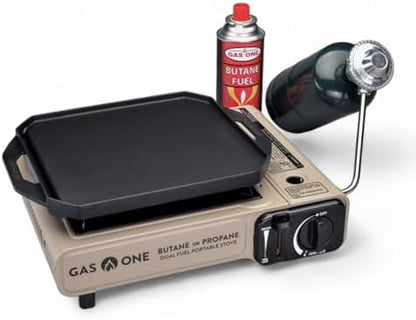 GasOne GS-3400P-KIT Propane or Butane Gas Stove with Flat Top Griddle Included – Dual Fuel Propane Grill Tent Stove Burners for Cooking for Camping, Kitchen – Diecast Aluminum with Non Stick Coating