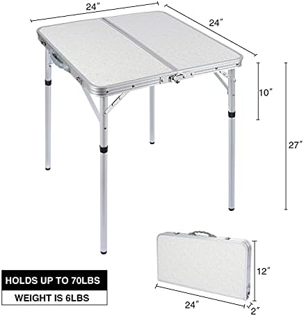 RedSwing Small Square Folding Table 2 Feet Adjustable Height, Lightweight and Portable Aluminum Camping Table for Outdoor Indoor Picnic, 24 in x 24 in x 27 in