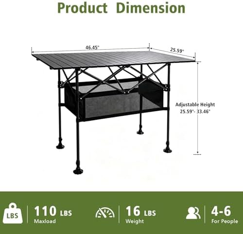 Damei century Large Folding Camping Table, 46.45×25.6in, Adjustable Height